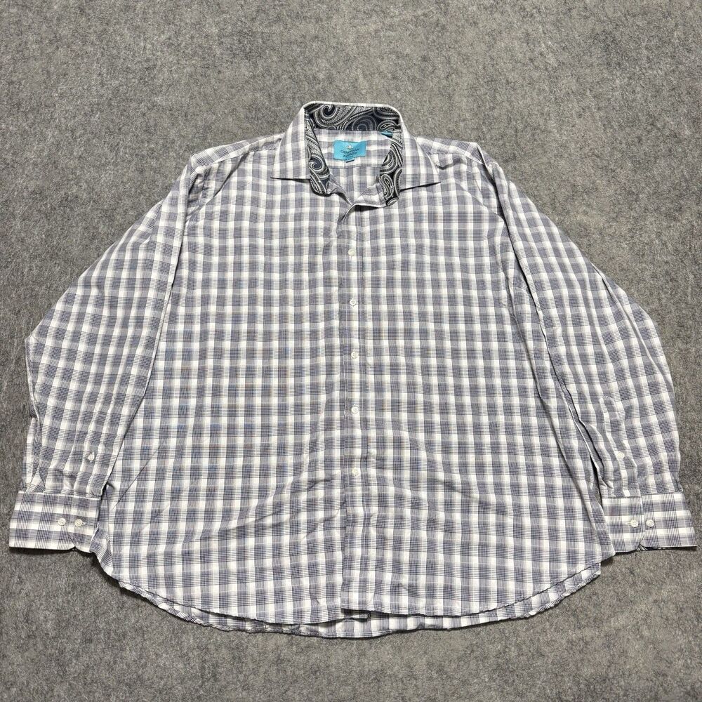 Christian Aujard Paris Mens 3XL Dress Shirt Gray Plaid Paisley Flip Cuff